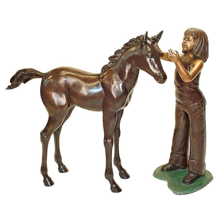 Design Toscano Preening Equestrian Girl and Horse Cast Bronze Garden Statue Set