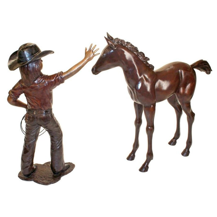 Design Toscano Rodeo Dreams: Cowgirl with Horse Cast Bronze Garden Statue Set