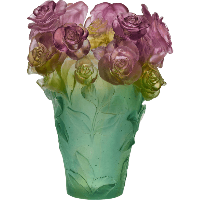 Daum - Crystal Rose Passion Vase in Green & Pink - Time for a Clock
