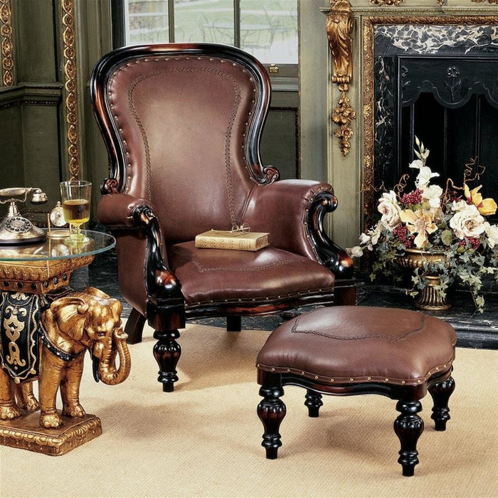 Design Toscano Victorian Rococo Faux Leather Wing Chair and Ottoman