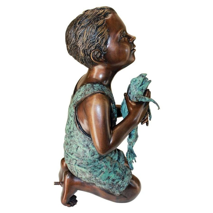 Design Toscano New Friend, Boy with Frog Cast Bronze Garden Statue: Piped for Water