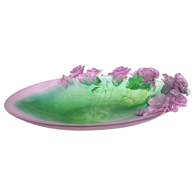 Daum - Magnum Crystal Rose Passion Bowl in Green & Pink 50 Ex - Time for a Clock