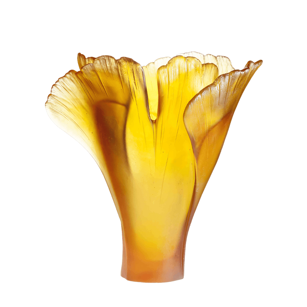 Daum - Large Crystal Ginkgo Vase in Amber | Time For a Clock