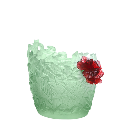 Daum - Medium Crystal Hibiscus Vase in Light Green & Red 225 Ex - Time for a Clock
