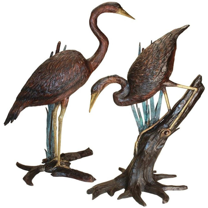 Design Toscano Standing and Fishing Herons in Reeds Bronze Statues: Set of Two
