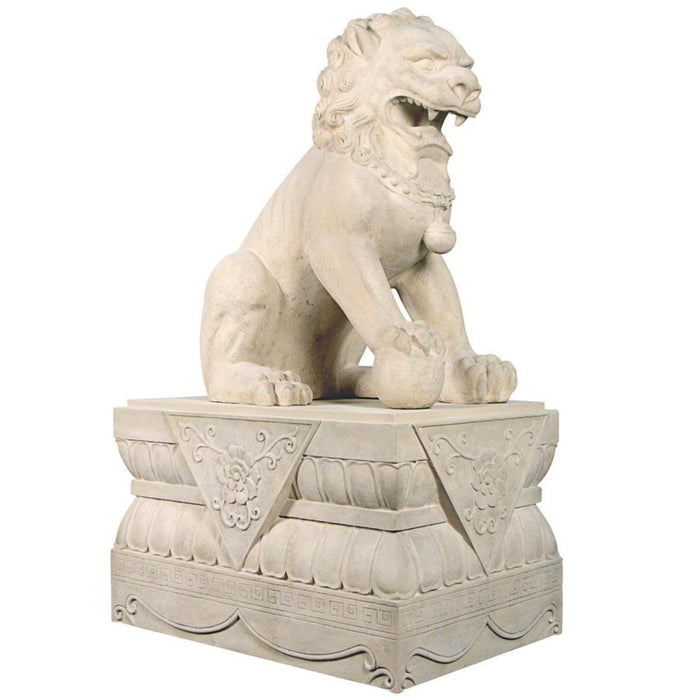 Design Toscano Grand Palace Chinese Lion Foo Dog Statue: Male with Pedestal Base