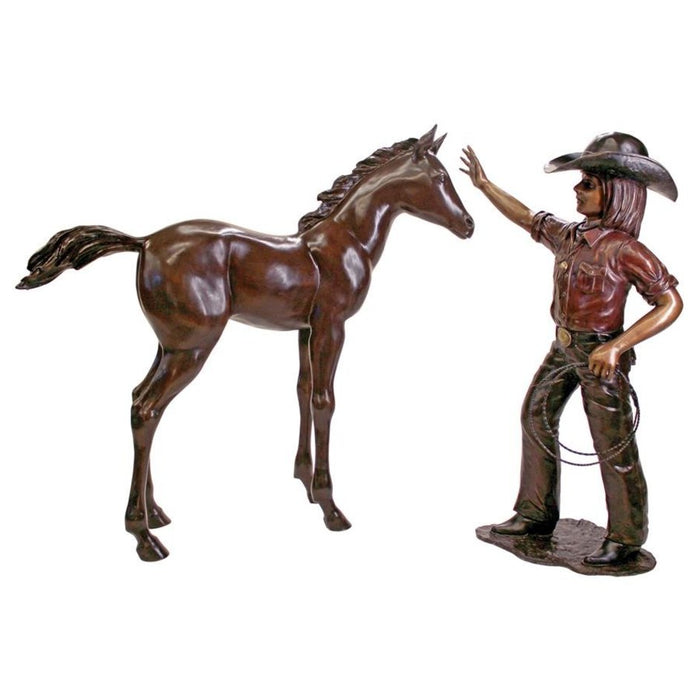 Design Toscano Rodeo Dreams: Cowgirl with Horse Cast Bronze Garden Statue Set