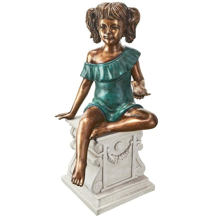 Design Toscano Bridgette with Bird, Little Girl Cast Bronze Garden Statue