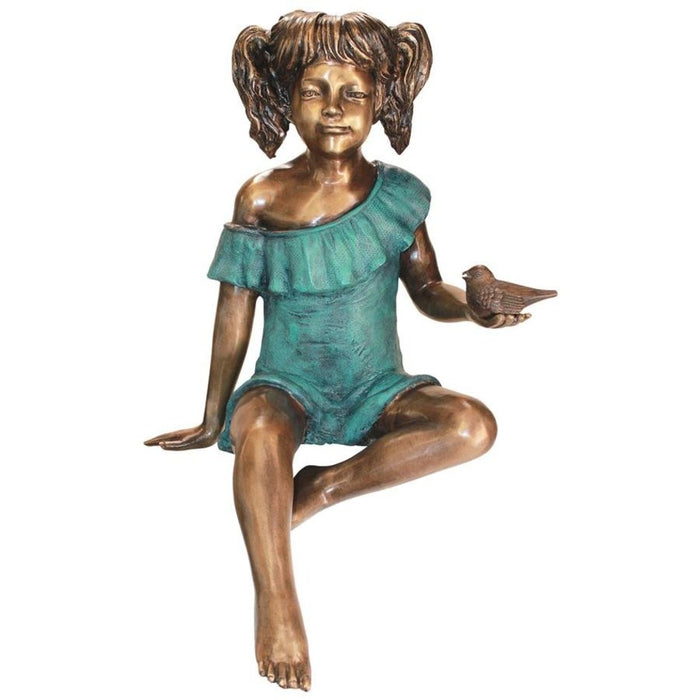 Design Toscano Bridgette with Bird, Little Girl Cast Bronze Garden Statue