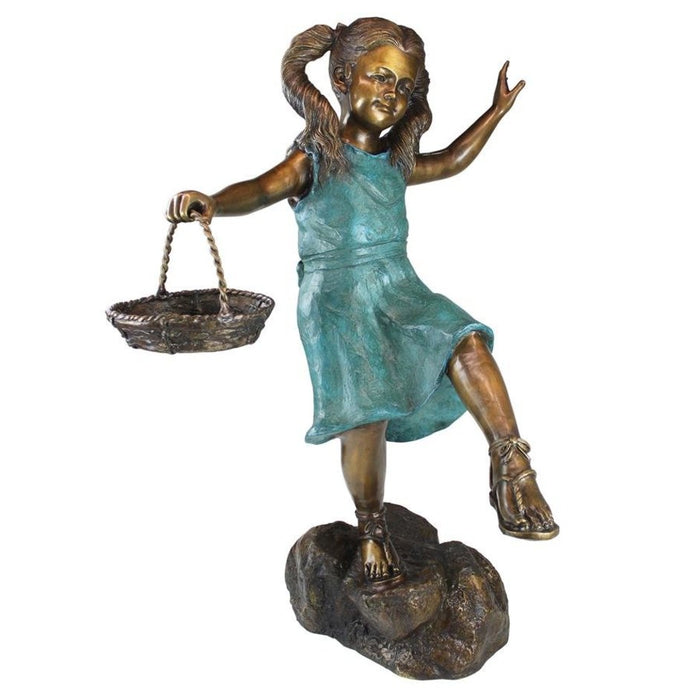 Design Toscano Brittany with a Basket, Little Girl Cast Bronze Garden Statue