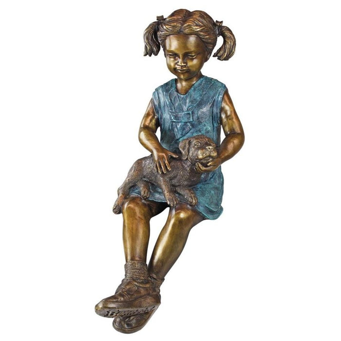 Design Toscano Sitting Savannah, Girl with Dog Cast Bronze Garden Statue