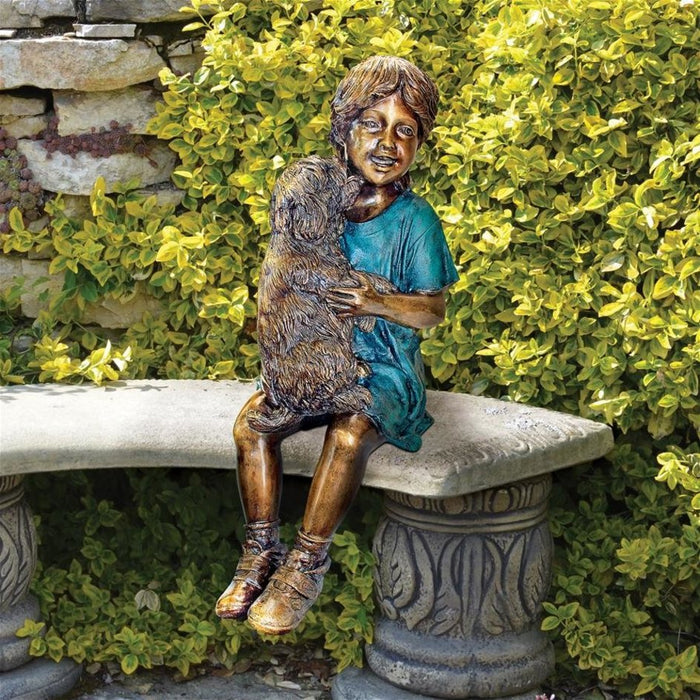 Design Toscano Puppy Kisses, Sitting Girl Cast Bronze Garden Statue