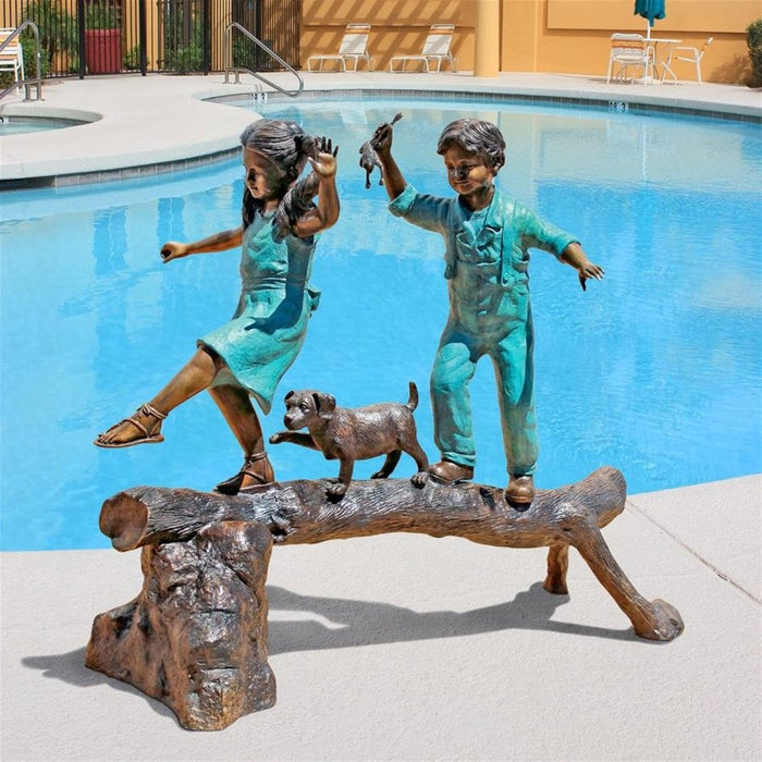 Design Toscano The Adventure, Boy and Girl on Log Cast Bronze Garden Statue