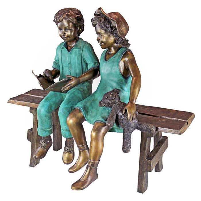 Design Toscano Read to Me, Boy and Girl on Bench Cast Bronze Garden Statue