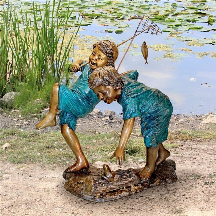 Design Toscano Double Trouble, Fishing Boys Cast Bronze Garden Statue